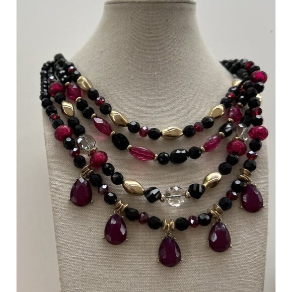 Vintage THE LIMITED 4 Strand Faceted Black Magenta Crystal Women’s Necklace 22” - Picture 11 of 12